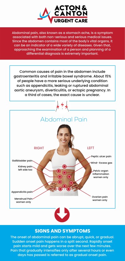 When experiencing abdominal pain, it’s important to seek prompt care to identify the cause and receive effective treatment. At Acton and Canton Urgent Care, we specialize in diagnosing and treating a range of abdominal issues, from mild discomfort to more serious conditions. Muhammad Bajwa, MD, is available to assess your symptoms, perform necessary tests, and provide personalized treatment to help you feel better fast. For more information, contact us or schedule an appointment online. We Are Located at 100 Powder Mill Rd, Acton, MA 01720.