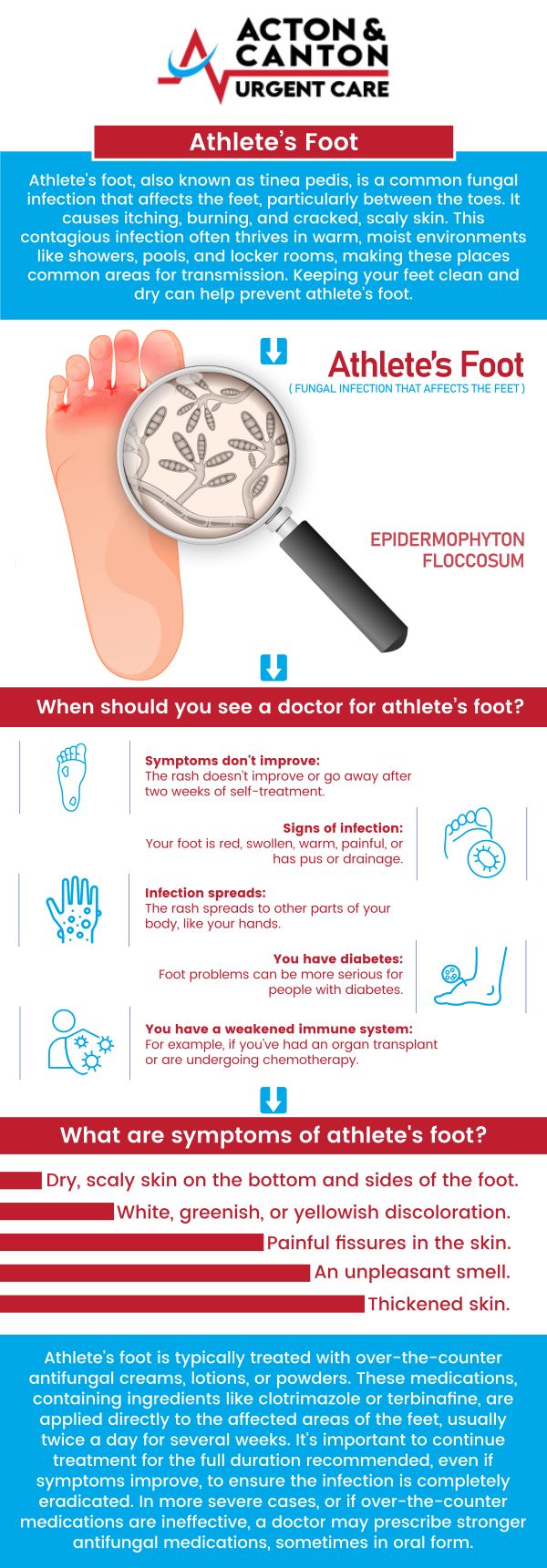 Common questions asked by patients: Should you go to urgent care for athlete's foot? Can urgent care treat fungal infections? Can you go to urgent care for a foot infection? How to treat athlete's foot on toddler? For more information, contact us or schedule an appointment online. We are located at 95 Washington St, Ste 204 A, Canton, MA 02021. We serve patients from Canton MA, Sharon MA, Stoughton MA, Norwood MA, Walpole MA, Westwood MA, Milton MA, Raynham MA, and surrounding areas.