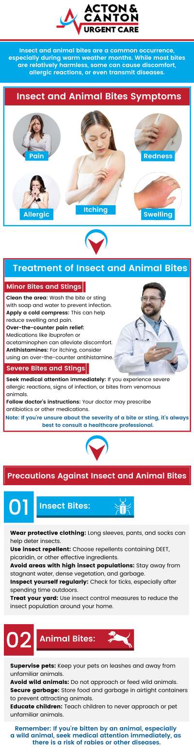 Insect bites can cause redness, itching, swelling, or mild pain at the affected site. Some bites may also lead to allergic reactions, blisters, or infection if scratched. Visit Muhammad Bajwa, MD, for quick relief and professional care to reduce irritation and prevent complications. For more information, contact us or schedule an appointment online. We are located at 95 Washington St, Ste 204 A, Canton, MA 02021. Insect bites can cause redness, itching, swelling, or mild pain at the affected site. Some bites may also lead to allergic reactions, blisters, or infection if scratched. Visit Muhammad Bajwa, MD, for quick relief and professional care to reduce irritation and prevent complications. For more information, contact us or schedule an appointment online. We are located at 95 Washington St, Ste 204 A, Canton, MA 02021.