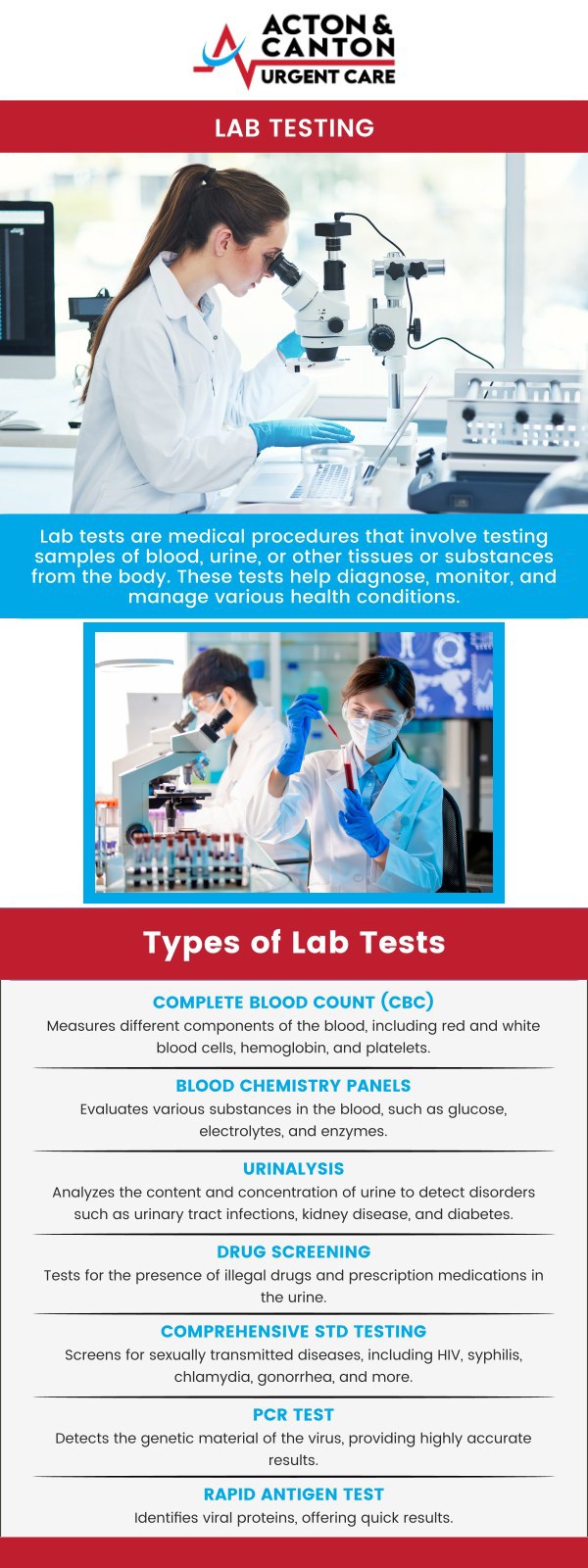 Lab testing is a crucial diagnostic tool that helps identify underlying health conditions and monitor overall well-being. Our clinic offers a wide range of accurate and reliable tests to help detect infections, manage chronic conditions, and guide treatment plans. Visit our experienced team at Acton Urgent Care today for professional lab testing with fast, confidential results. For more information, contact us or schedule an appointment online. We are located at 100 Powder Mill Rd, Acton, MA 01720. Lab testing is a crucial diagnostic tool that helps identify underlying health conditions and monitor overall well-being. Our clinic offers a wide range of accurate and reliable tests to help detect infections, manage chronic conditions, and guide treatment plans. Visit our experienced team at Acton Urgent Care today for professional lab testing with fast, confidential results. For more information, contact us or schedule an appointment online. We are located at 100 Powder Mill Rd, Acton, MA 01720.