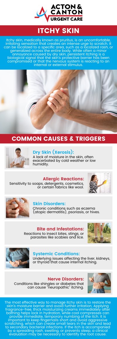 Common questions asked by patients: What are the common causes of itchy skin? How can I relieve itching caused by dry skin? When should I see a doctor for persistent itchy skin? Can allergies or insect bites cause itchy skin? For more information, contact us or schedule an appointment online. We are located at 100 Powder Mill Rd, Acton, MA 01720. We serve patients from Acton MA, Maynard MA, Stow MA, Concord MA, Sudbury MA, Boxborough MA, and surrounding areas.