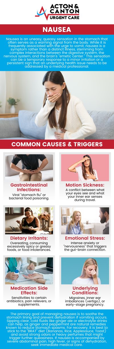 Common questions asked by patients: What are the most common causes of nausea? When should I seek medical care for persistent nausea? Can nausea be a symptom of a more serious condition? How is nausea diagnosed and treated at an urgent care clinic? For more information, contact us or schedule an appointment online. We are located at 95 Washington St, Ste 204 A, Canton, MA 02021. We serve patients from Canton MA, Sharon MA, Stoughton MA, Norwood MA, Walpole MA, Westwood MA, Milton MA, Raynham MA, and surrounding areas.