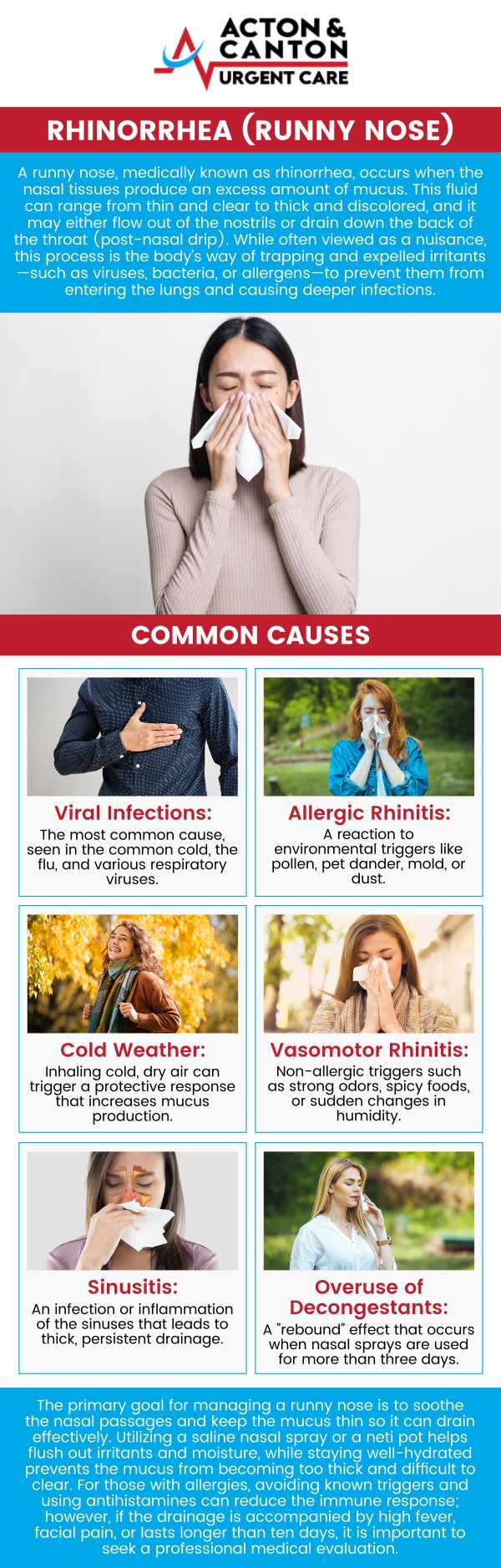 Common questions asked by patients: Is my runny nose caused by a cold, the flu, or allergies? Which over-the-counter medication (antihistamine or decongestant) works best for relief? When does a simple runny nose become a sign of a more serious sinus infection? How long should a runny nose last before I need to see a doctor? For more information, contact us or schedule an appointment online. We are located at 100 Powder Mill Rd, Acton, MA 01720. We serve patients from Acton MA, Maynard MA, Stow MA, Concord MA, Sudbury MA, Boxborough MA, and surrounding areas. Common questions asked by patients: Is my runny nose caused by a cold, the flu, or allergies? Which over-the-counter medication (antihistamine or decongestant) works best for relief? When does a simple runny nose become a sign of a more serious sinus infection? How long should a runny nose last before I need to see a doctor? For more information, contact us or schedule an appointment online. We are located at 100 Powder Mill Rd, Acton, MA 01720. We serve patients from Acton MA, Maynard MA, Stow MA, Concord MA, Sudbury MA, Boxborough MA, and surrounding areas.